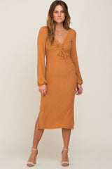 Camel Ribbed Knit Cinched Long Sleeve Midi Dress