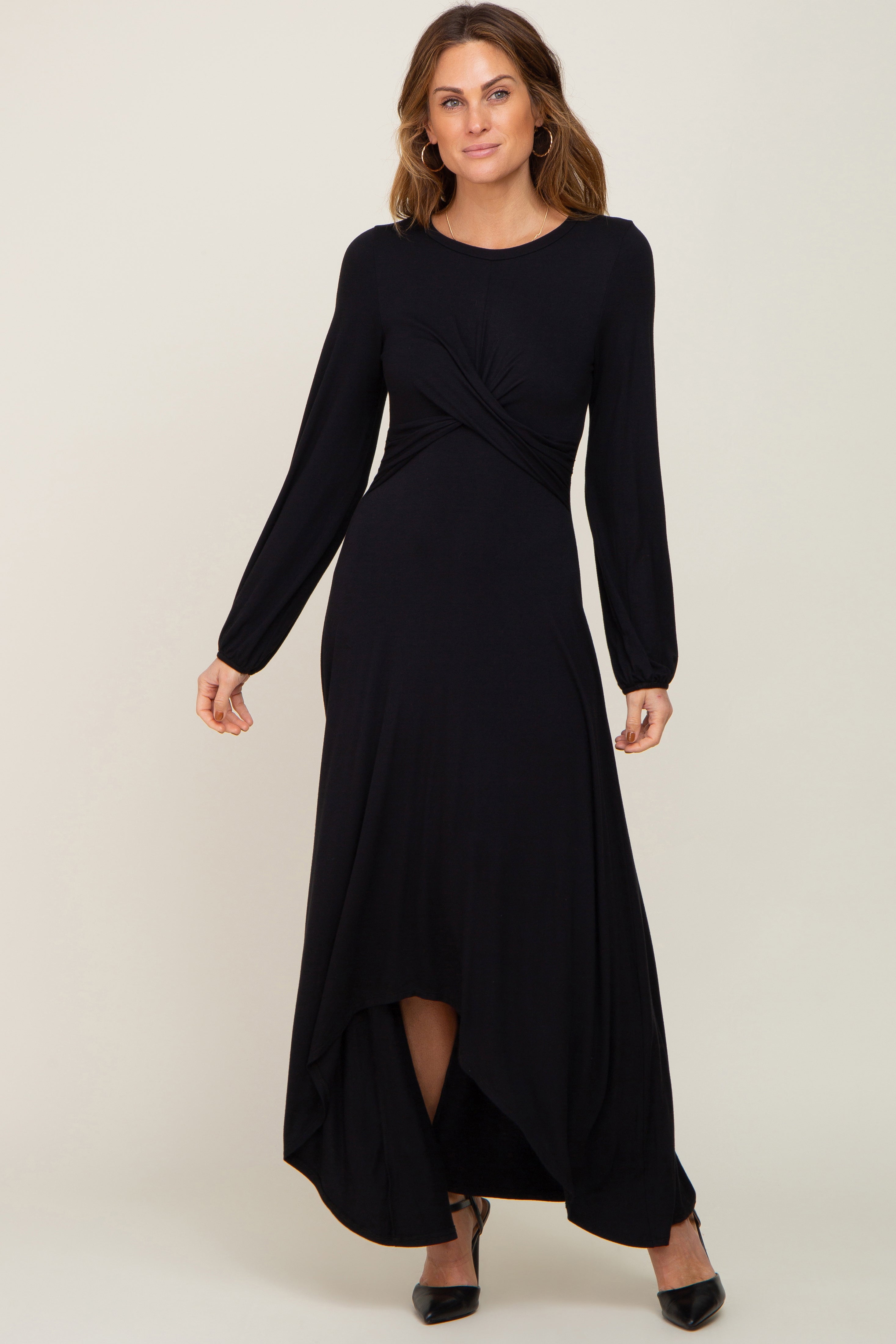 Black Twisted Long Sleeve Hi-Low Hem Maxi Dress– PinkBlush