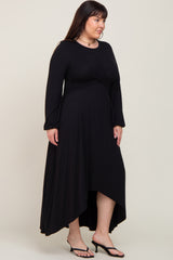 Black Twisted Long Sleeve Hi-Low Hem Plus Maxi Dress