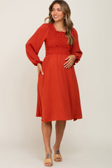 Rust Smocked Long Sleeve Maternity Midi Dress