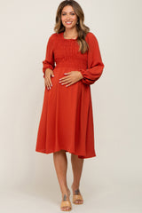 Rust Smocked Long Sleeve Maternity Midi Dress