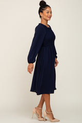 Navy Smocked Long Sleeve Midi Dress