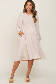 Taupe Smocked Long Sleeve Maternity Midi Dress