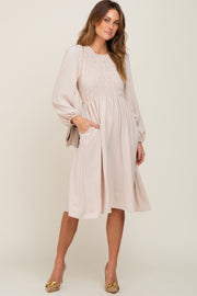 Taupe Smocked Long Sleeve Midi Dress