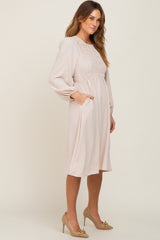 Taupe Smocked Long Sleeve Midi Dress