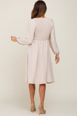 Taupe Smocked Long Sleeve Midi Dress