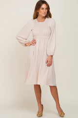 Taupe Smocked Long Sleeve Midi Dress