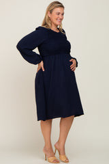 Navy Smocked Long Sleeve Maternity Plus Midi Dress