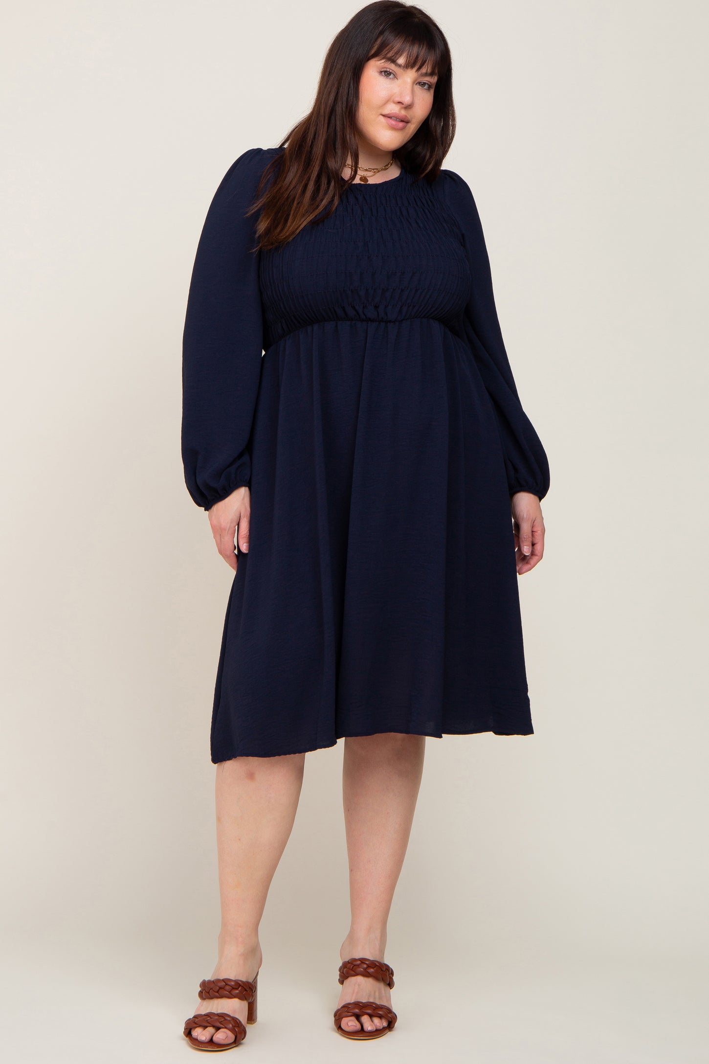 Navy Smocked Long Sleeve Plus Midi Dress – PinkBlush