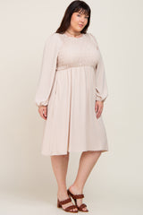 Taupe Smocked Long Sleeve Plus Midi Dress