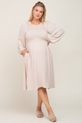 Taupe Smocked Long Sleeve Maternity Plus Midi Dress