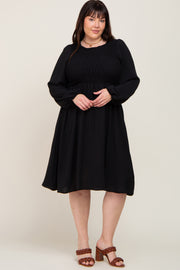 Black Smocked Long Sleeve Plus Midi Dress