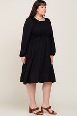 Black Smocked Long Sleeve Plus Midi Dress