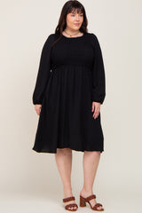 Black Smocked Long Sleeve Plus Midi Dress