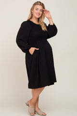 Black Smocked Long Sleeve Maternity Plus Midi Dress