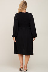 Black Smocked Long Sleeve Maternity Plus Midi Dress