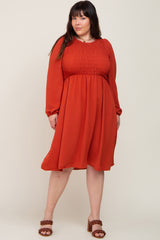 Rust Smocked Long Sleeve Plus Midi Dress