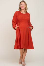 Rust Smocked Long Sleeve Maternity Plus Midi Dress