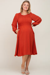 Rust Smocked Long Sleeve Maternity Plus Midi Dress