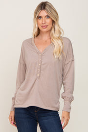 Beige Button Front Terry Long Sleeve Top