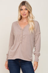 Beige Button Front Terry Long Sleeve Maternity Top