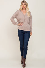 Beige Button Front Terry Long Sleeve Top