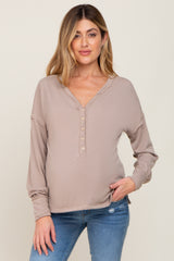 Beige Button Front Terry Long Sleeve Maternity Top