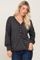 Black Button Front Terry Long Sleeve Top