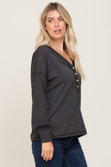 Black Button Front Terry Long Sleeve Top