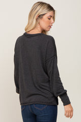 Black Button Front Terry Long Sleeve Top