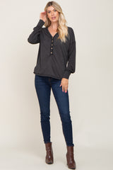 Black Button Front Terry Long Sleeve Top