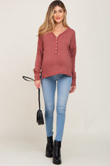 Rust Button Front Terry Long Sleeve Maternity Top