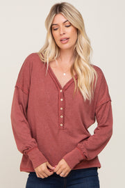 Rust Button Front Terry Long Sleeve Top