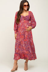 Plum Paisley Print Cutout Front Long Sleeve Maternity Maxi Dress