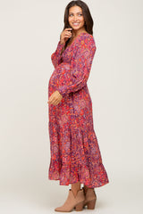 Plum Paisley Print Cutout Front Long Sleeve Maternity Maxi Dress