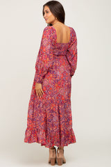 Plum Paisley Print Cutout Front Long Sleeve Maternity Maxi Dress