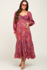 Plum Paisley Print Cutout Front Long Sleeve Maternity Maxi Dress