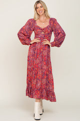 Plum Paisley Print Cutout Front Long Sleeve Maternity Maxi Dress