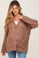 Mocha Open Knit Button Front Maternity Cardigan