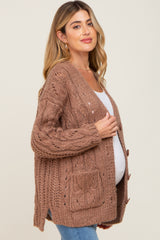 Mocha Open Knit Button Front Maternity Cardigan