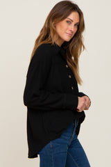 Black Waffle Knit Button Down Top