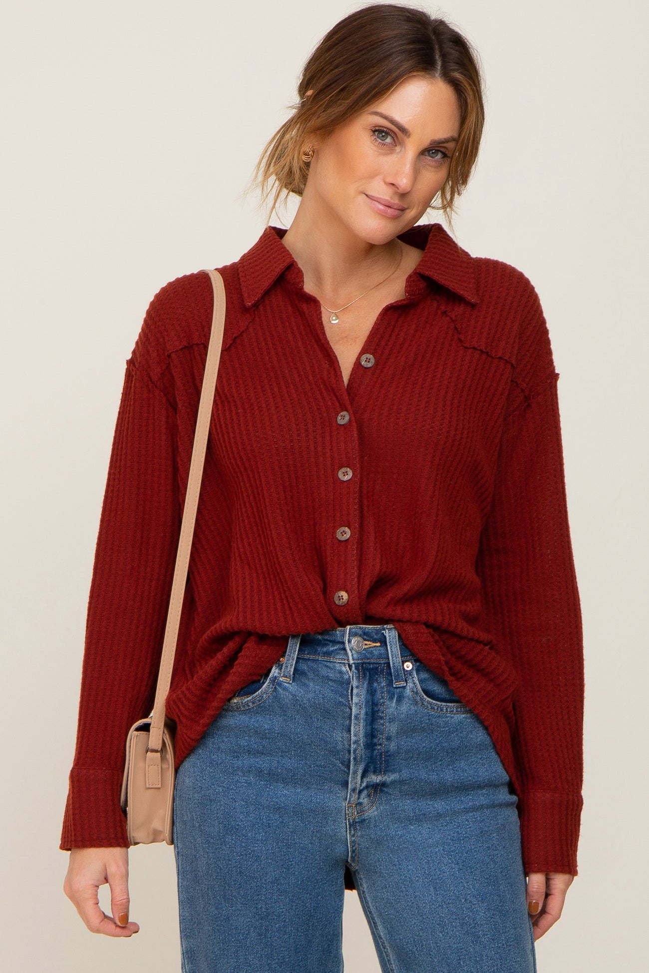 Rust Waffle Knit Button Down Top – PinkBlush