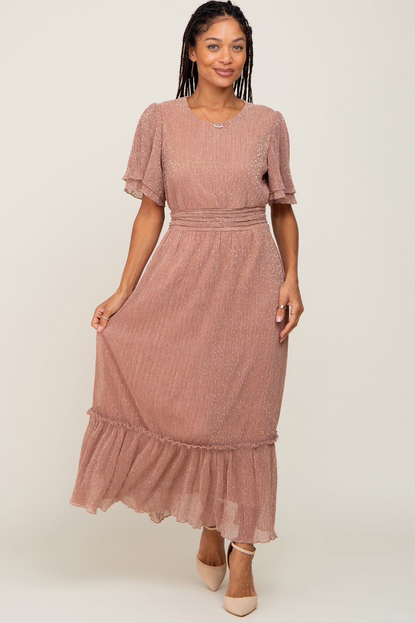 Mauve Pleated Shimmer Midi Dress– PinkBlush