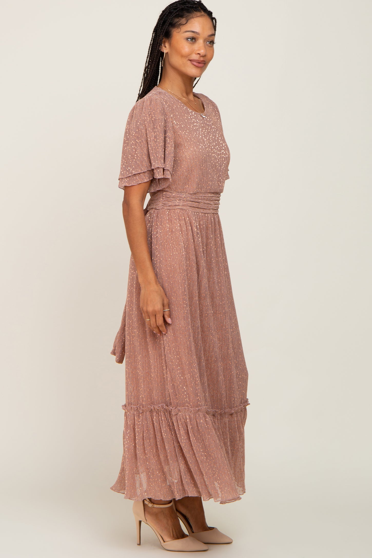 Mauve Pleated Shimmer Midi Dress– PinkBlush