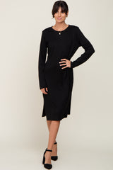 Black Ribbed Long Sleeve Slit Maternity Dress