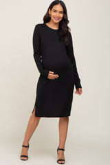 Black Ribbed Long Sleeve Slit Maternity Dress