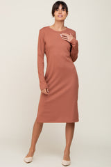 Mauve Ribbed Long Sleeve Slit Maternity Dress