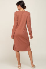 Mauve Ribbed Long Sleeve Slit Dress