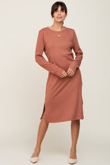 Mauve Ribbed Long Sleeve Slit Dress