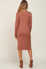 Mauve Ribbed Long Sleeve Slit Maternity Dress